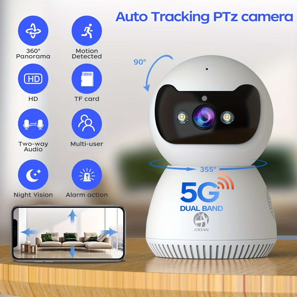 JOOAN 1080P Full HD Security Camera with Color Night Vision, Two-Way Audio, Motion Detection, Auto Tracking, WiFi Connectivity, App Control for Home Safety - Ideal for Youngsters, Elderly, and Pets
