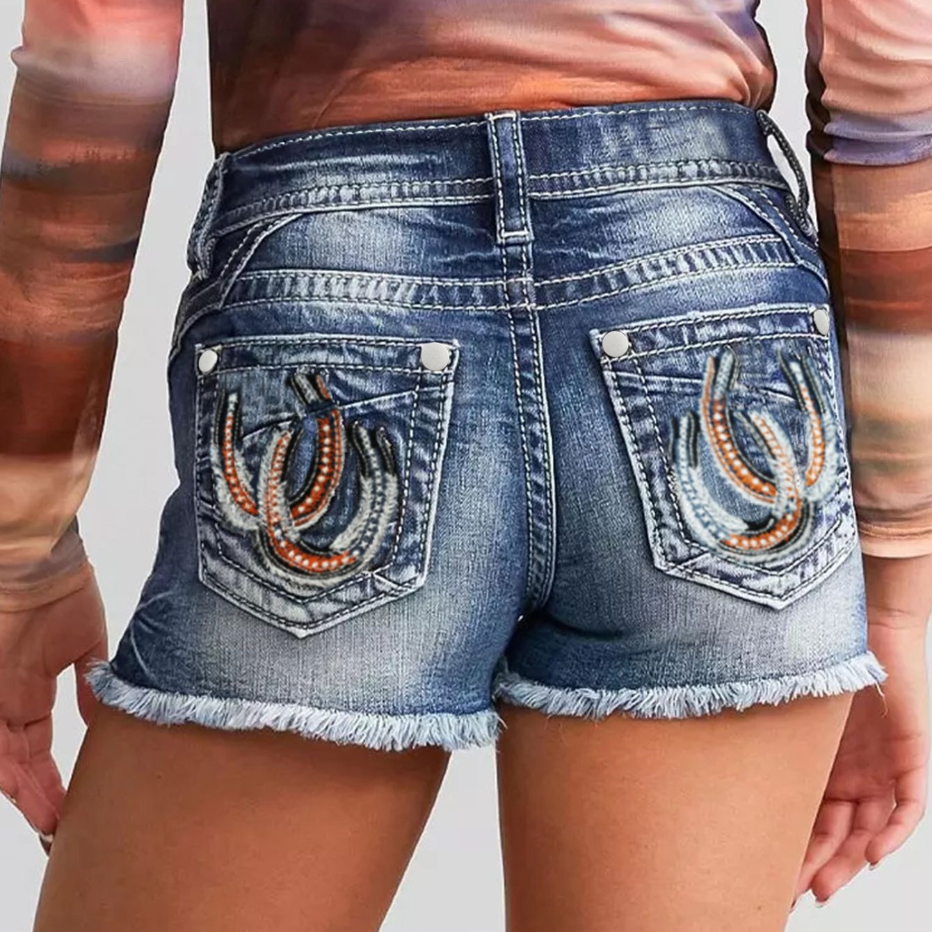 [Stretchy Jean Shorts] Mid Rise Skinny Stretchy Jean Shorts for Women | Denim Raw Hem Back Embroidery Pocket Shorts