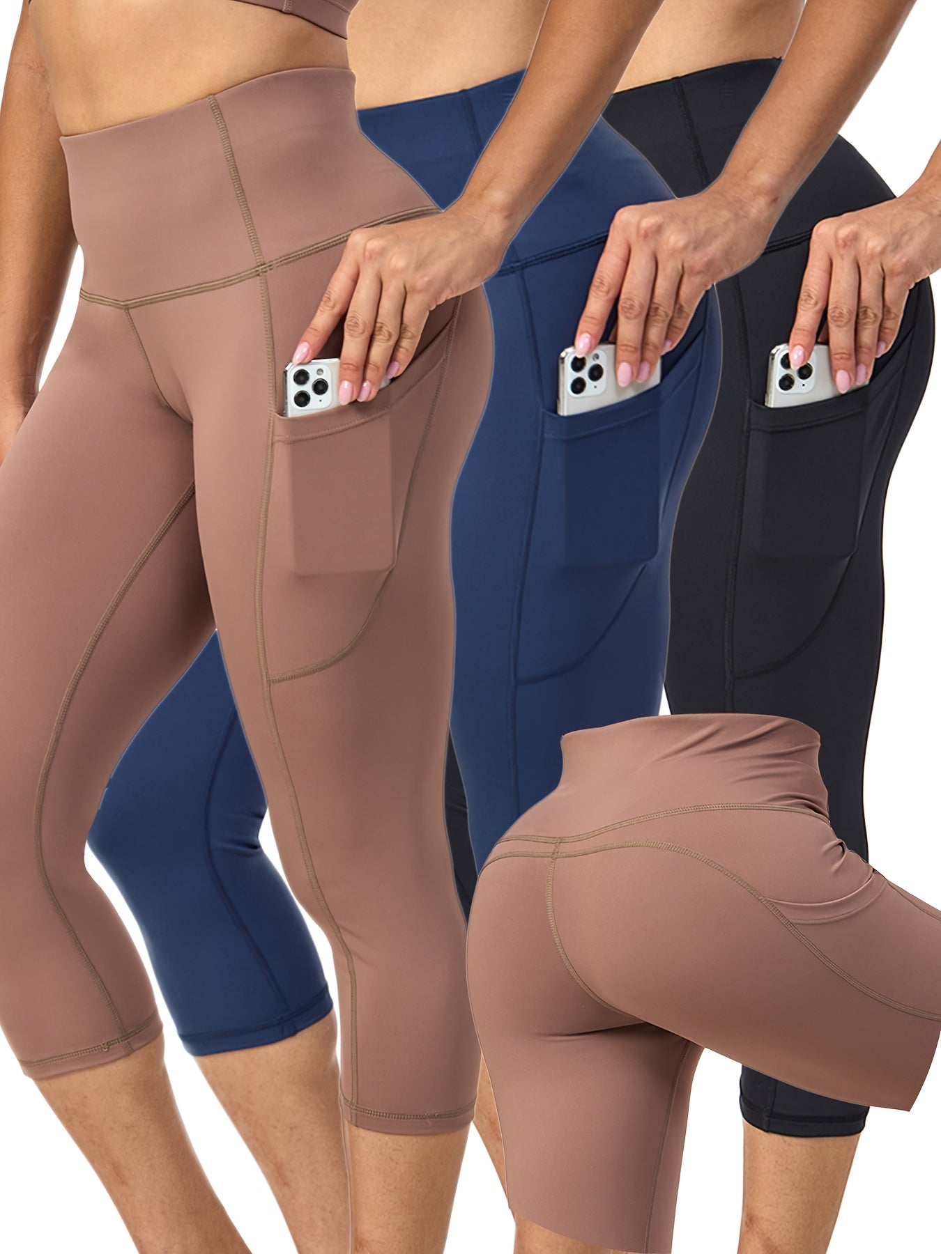 3pcs Women's High Waist Yoga Pants With Pockets Capri Leggings