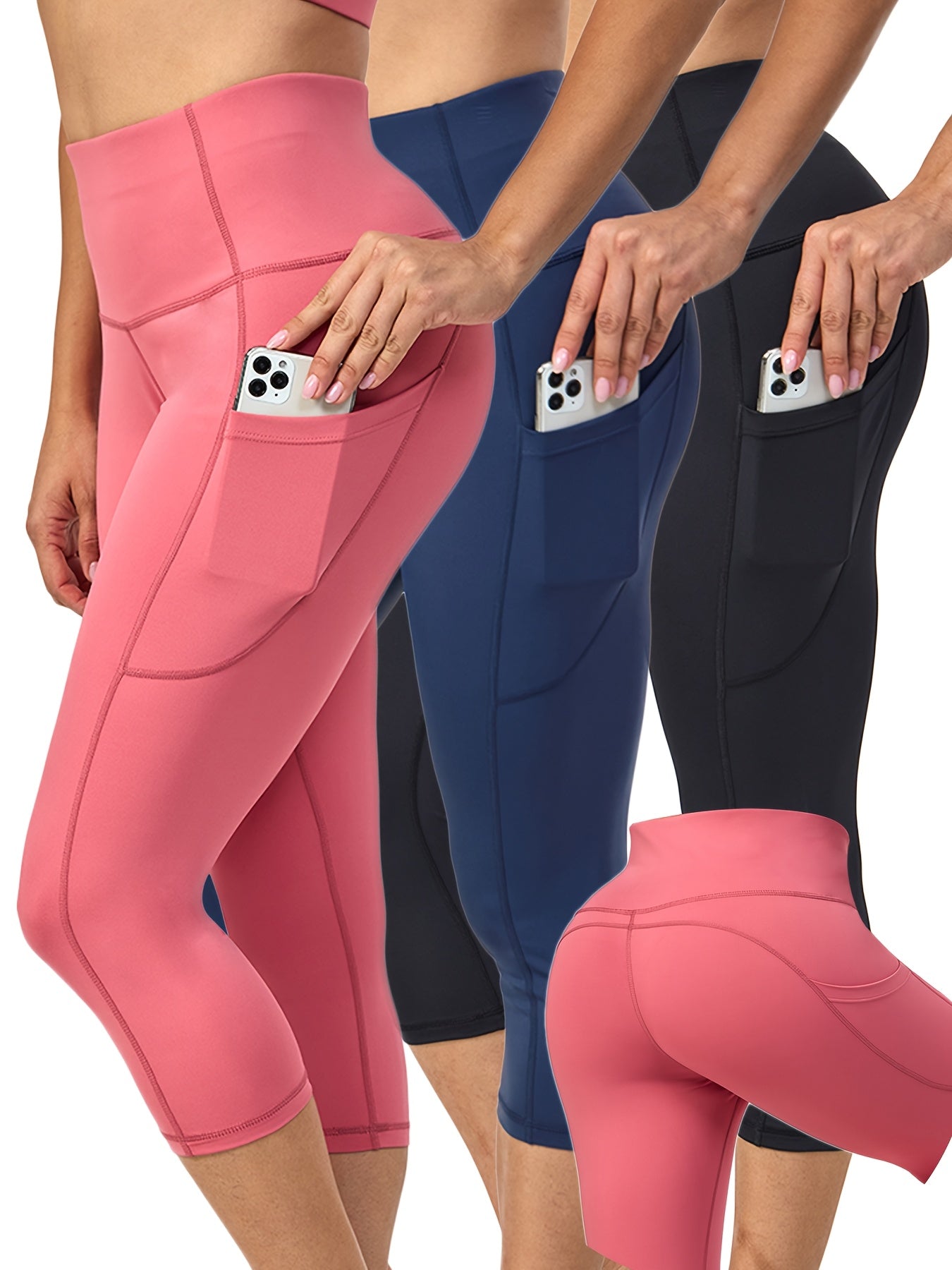 3pcs Women's High Waist Yoga Pants With Pockets Capri Leggings