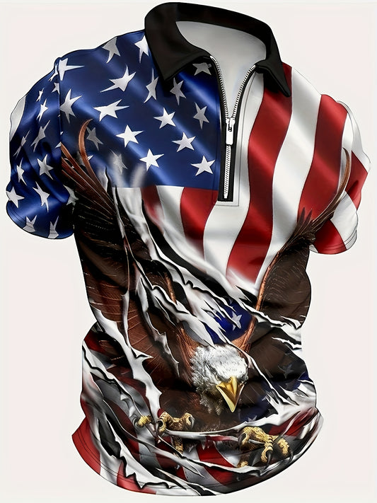 Men's American Flag Print Short Sleeve Lapel Golf Shirt Casual Style With Slight Stretch Regular Edition Summer Top