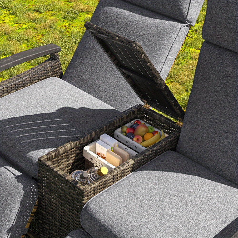 Patio Recliner Loveseat Chair with Storage Table Gray