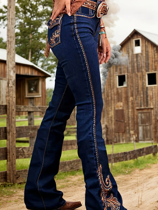 Women'S Stretch Flare Jeans - Elegant Two-Tone Design, Slimming Denim Bell Bottoms with Decorative Floral Patterns, Machine Washable, No Belt Needed