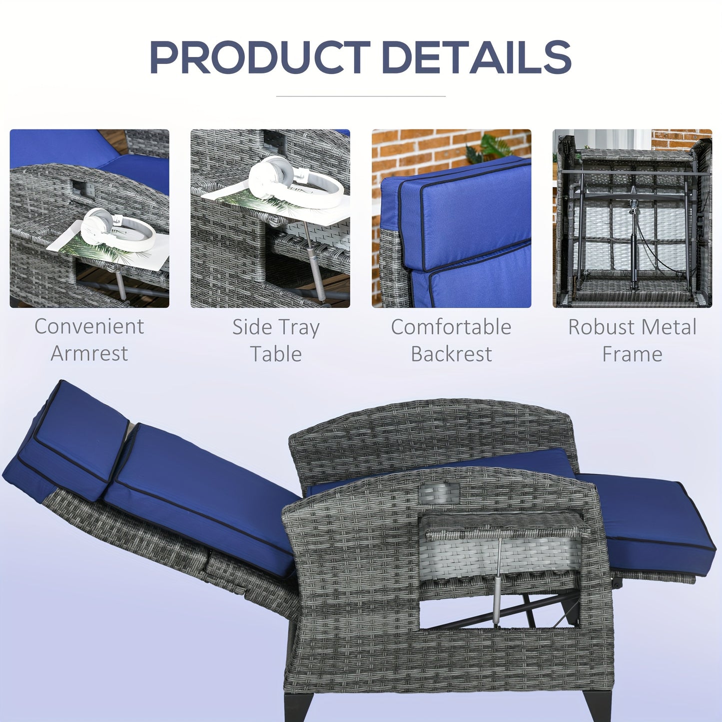 Outdoor Recliner Chair With Cushions And Side Tray Table