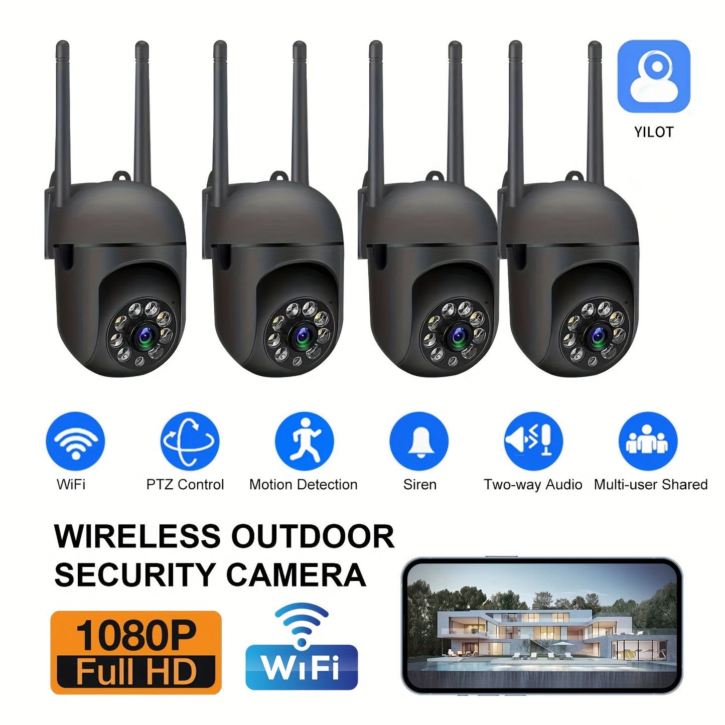 FULL HD 1080P WIFI 4Pcs Surveillance Camera - Indoor And Outdoor Long Range Night Vision Camera - 355 Degree Intercom Home Security Camera, 2.4G Home Security System, AI Mobile Detection, Two-Way Audio, Color Night Vision, Wi