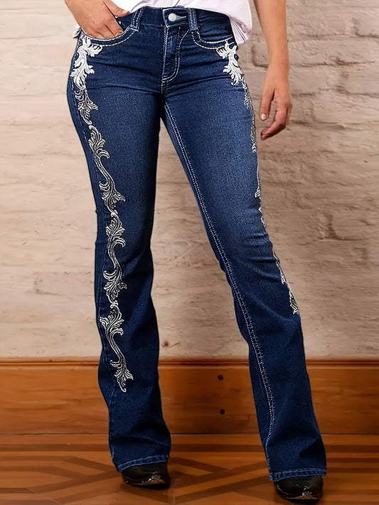 Dark Blue Boot Cut Women's Flare Jeans - With Printing Side Design, Denim