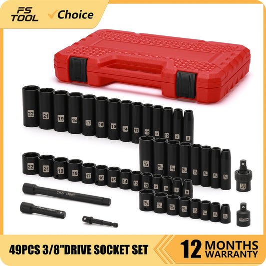 49pcs Impact Socket Set with 3/8" Drive - CR-V Chrome Vanadium Steel, Includes Deep & Shallow Sizes 5/16"-3/4", Metric & SAE, Joint, Extensions 3" & 6" - Complete Mechanic's Tool Kit for Car Repairs, valentines gifts for men