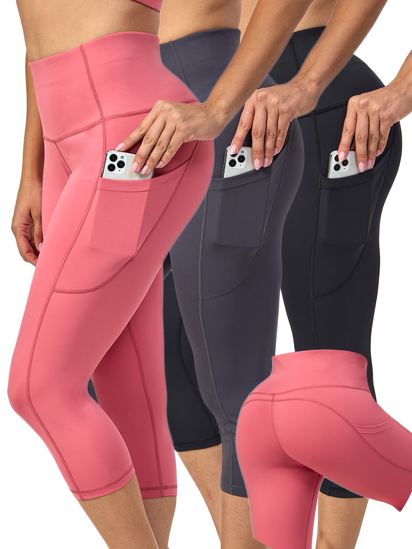 3pcs Women's High Waist Yoga Pants With Pockets Capri Leggings