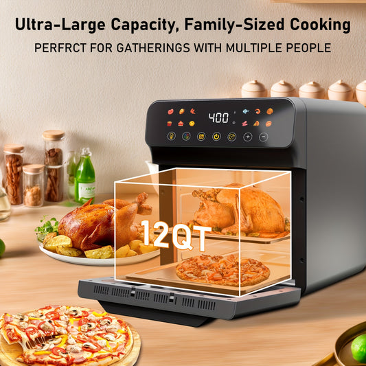 12QT Air Fryer Convection Oven, LED Digital Touchscreen, Visible Window, Warm, Broil, Toast, Bake, Air Fry, Oil-Free, Non-Stick Basket, Easy To Clean, 12QT Large Capacity, Perfect For Countertop, Healthy Cooking, Space-Saving
