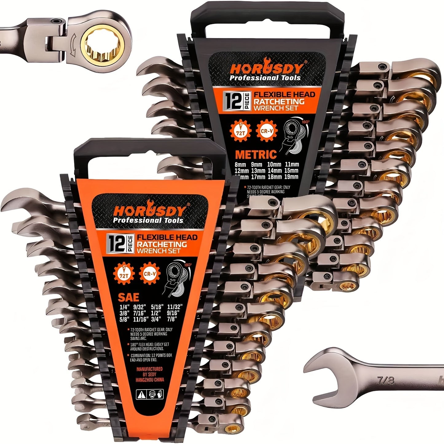 HORUSDY 24pcs Flex-Head Ratcheting Wrench Set Metric SAE