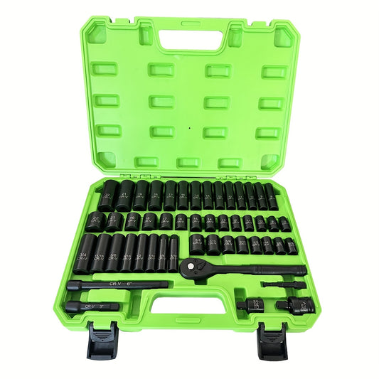 50pcs Impact Socket Set with 3/8" Drive - Includes Ratchet, Extension Bars & Joint - Durable Cr-V Steel Hardness Up to 55HRC, Standard & Metric Sizes (5/16 to 3/4", 8-22mm) - Laser Marked for Easy Identification, Tool Organiz