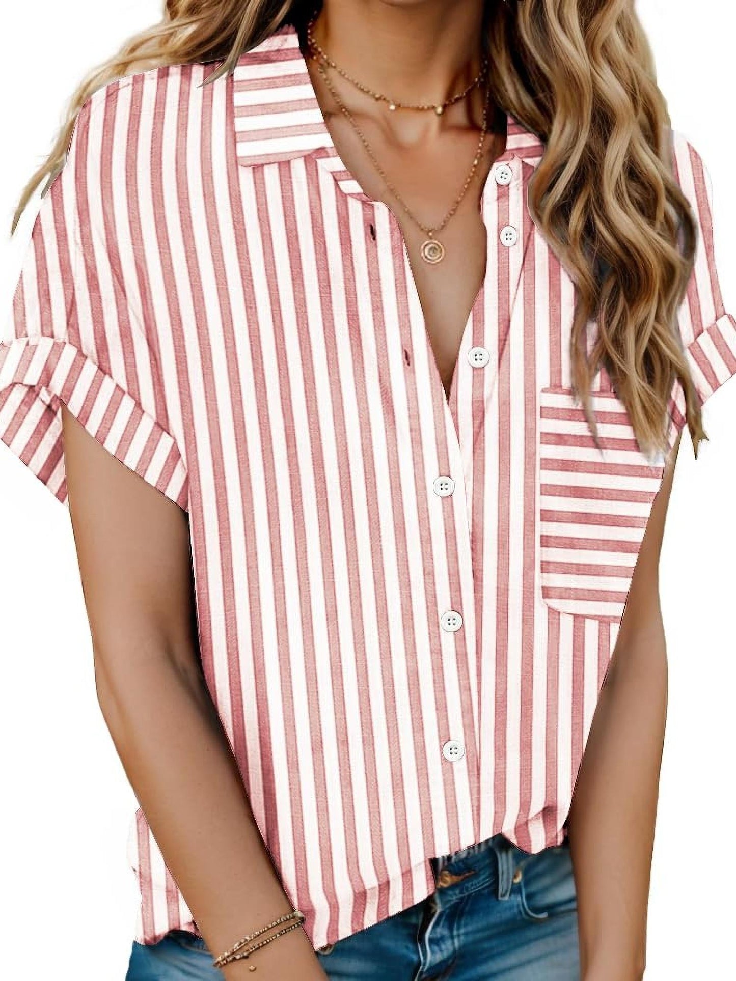ELESOL Womens Button Shirts Short Sleeve Blouses V Neck Tops