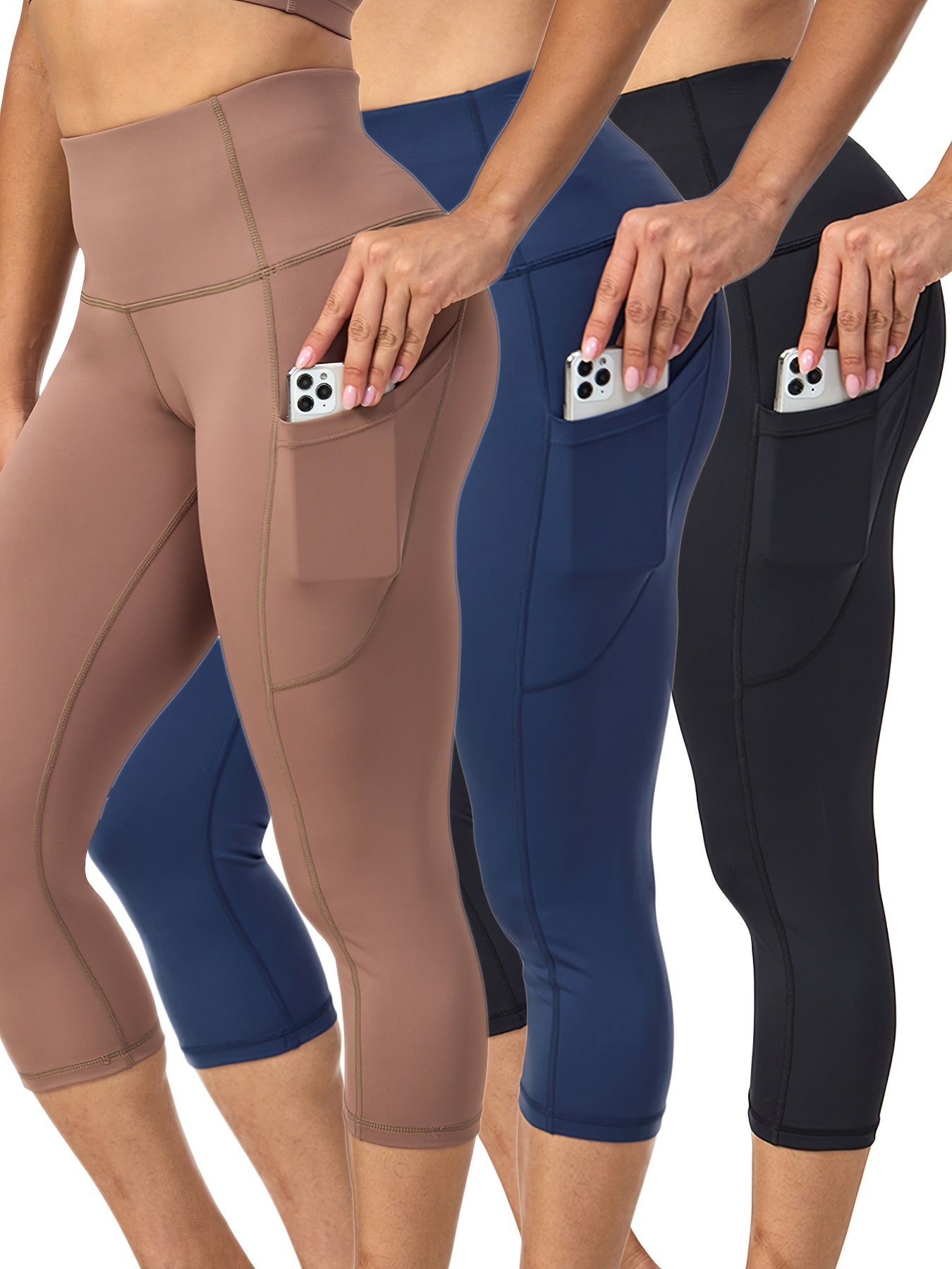 3pcs Women's High Waist Yoga Pants With Pockets Capri Leggings