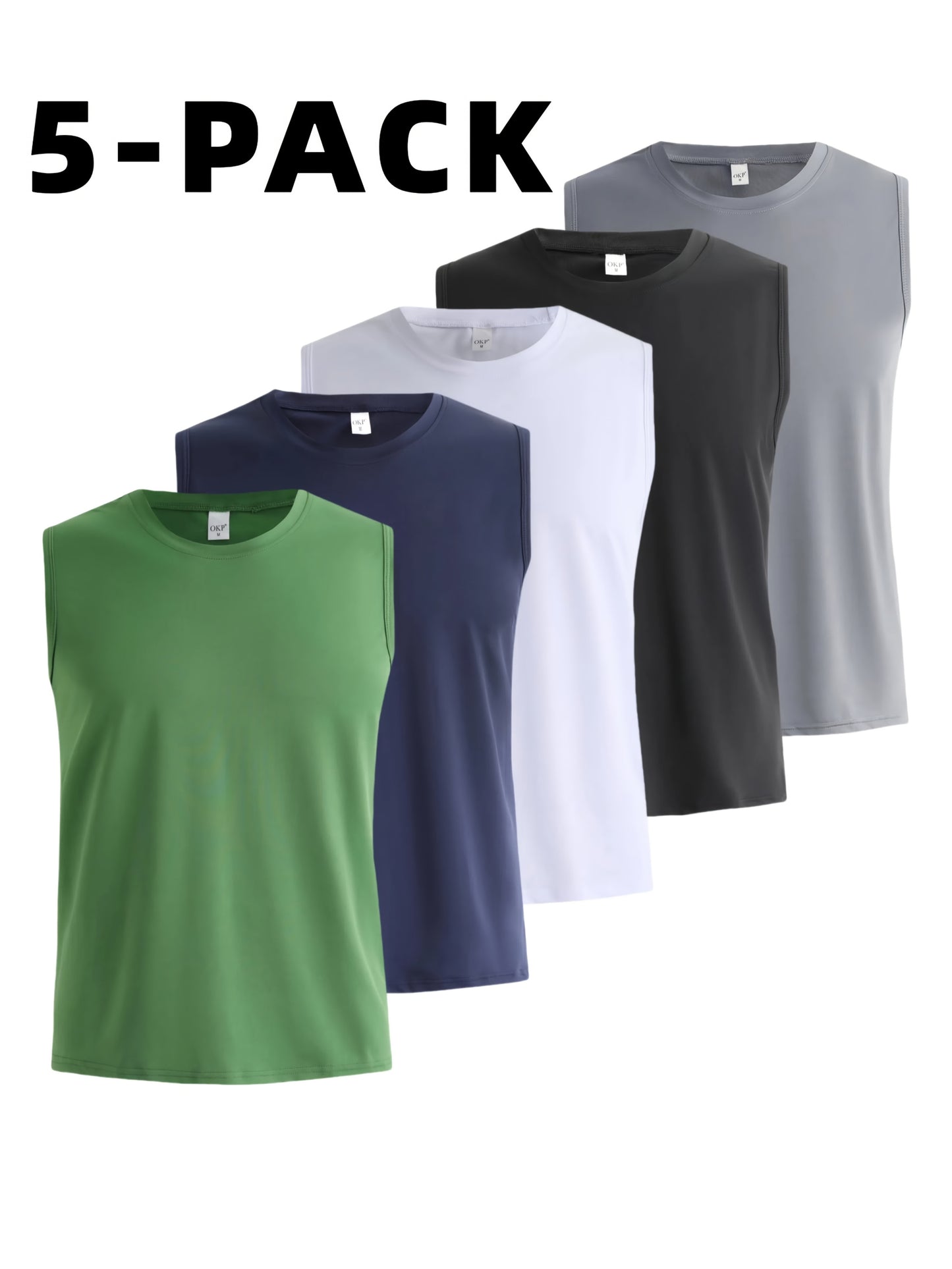 5pcs Men's High Elasticity Sleeveless Vests Breathable Moisture Wicking Athletic Tank Tops in White Black Navy Blue Dark Green and Light Gray Perfect for Running Cycling Hiking and Everyday Workouts Outdoor Activewear