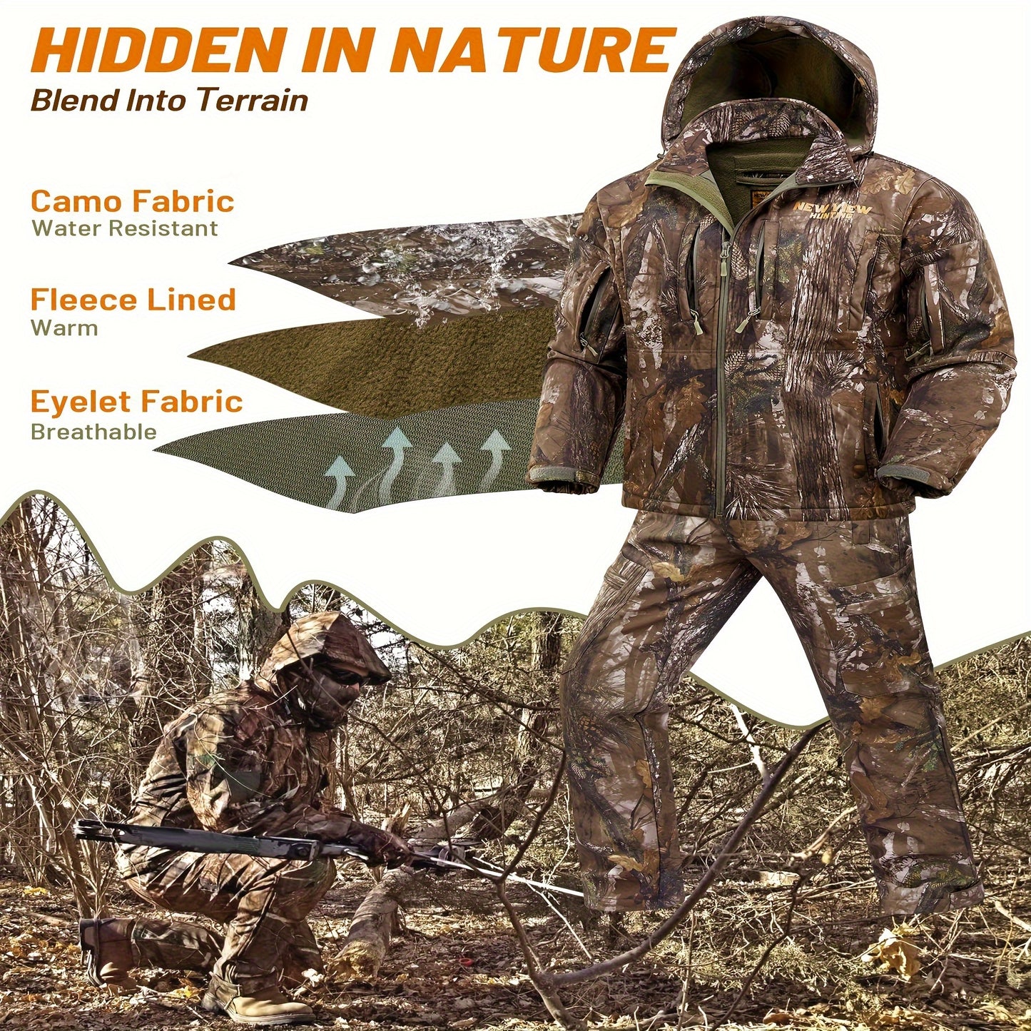 NEW VIEW Men's Silent Camo Hunting Gear Set - Fleece-Lined Jacket & Pants for Enhanced Concealment