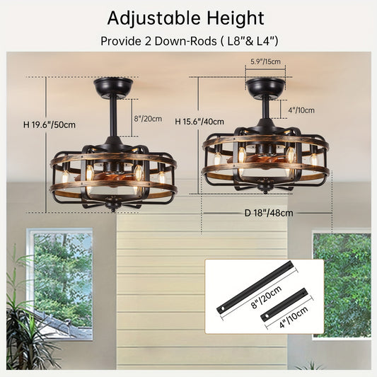 Caged Farmhouse Ceiling Fans With Lights, 18 Inch Flush Mount Vintage Rustic Fndeliers Ceiling Fan Bedroom 6 Light E12 Bulb Base