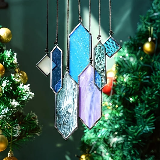 [7pcs Blue Glass Catcher] 7pcs Blue Stained Glass Light Catcher Set | Earth Tone Modern Design Wall Decor, Outdoor Patio Art Glass Window Hanging | Home Decor Garden Decor Wedding Decor - Perfect Housewarming, Wedding, Holida