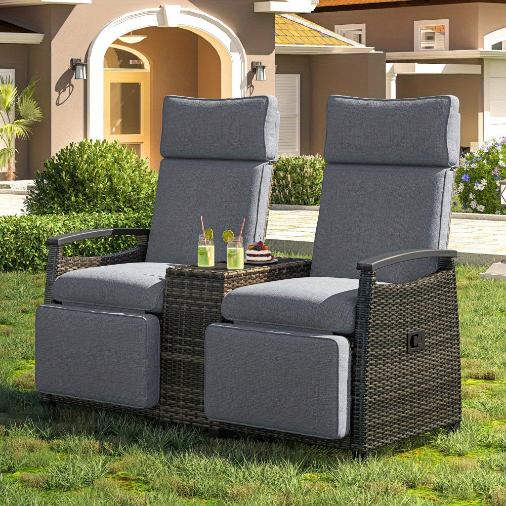 Patio Recliner Loveseat Chair with Storage Table Gray