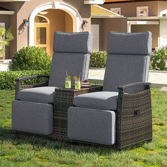 Patio Recliner Loveseat Chair with Storage Table Gray