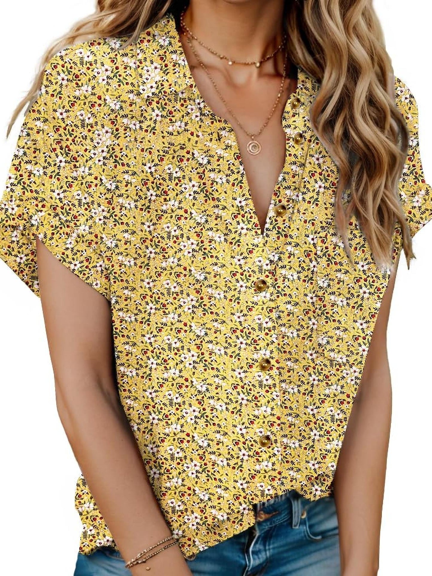 ELESOL Womens Button Shirts Short Sleeve Blouses V Neck Tops